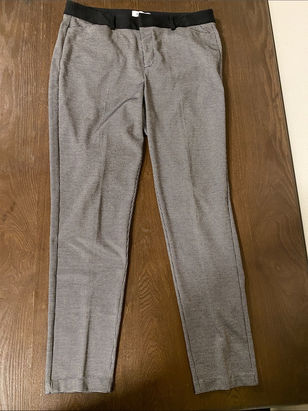 Elle Black & White Micro-Check Slim Trousers with Black Waistband